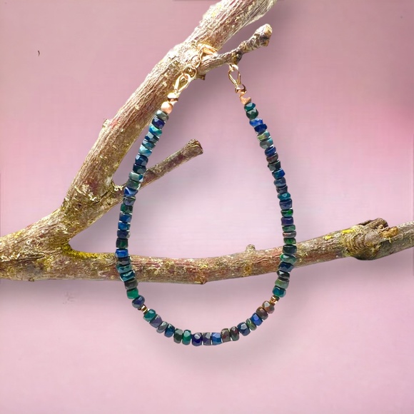 Handcrafted Solid 14k Rose Gold Natural Black Opal Bracelet 7.32" - 7.68" - Picture 7 of 9